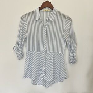 Love Notes Semi Sheer Blue Striped Women's Peplum Top Button Down Blouse Small